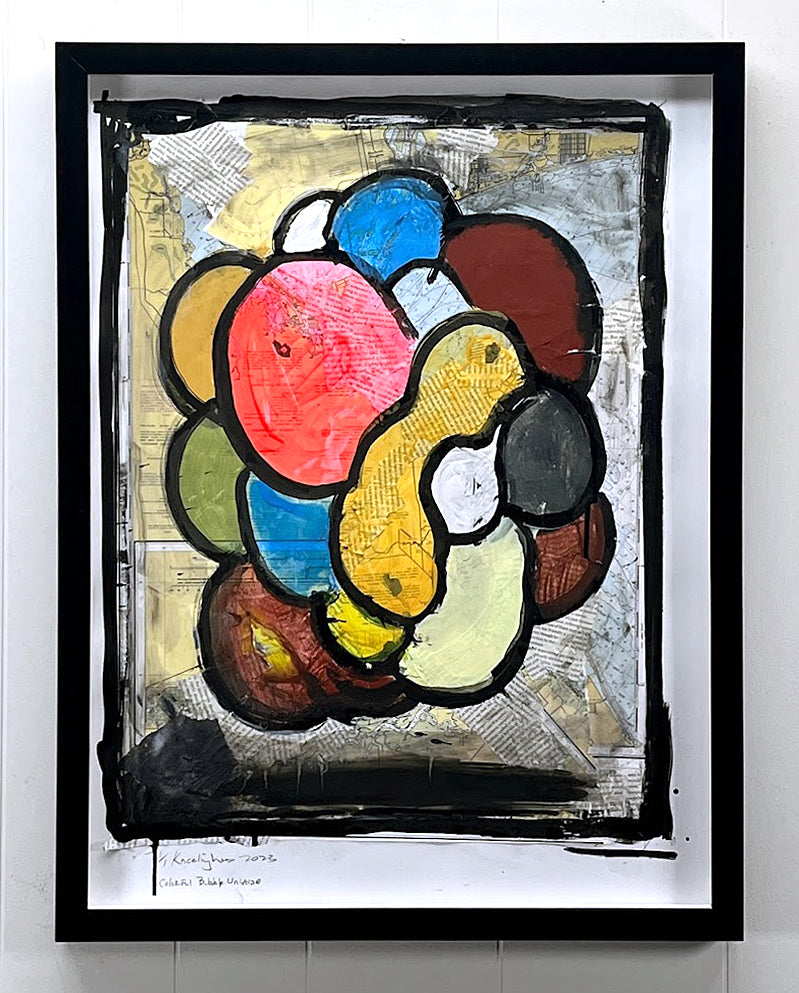 Colorful Bubble Universe, Collaged paper with Acrylic and Ink, 2023 by Kneelinghorse